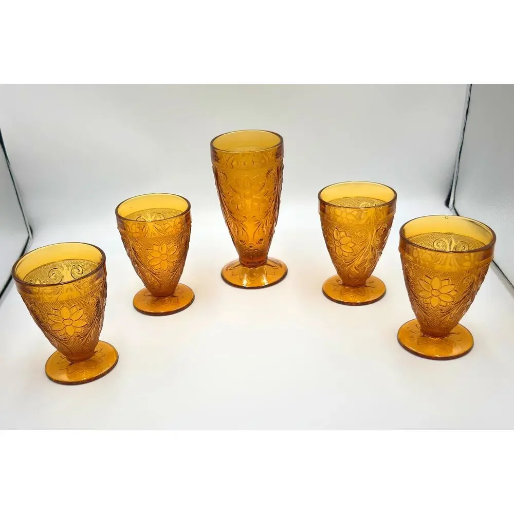 Indiana Sandwich Glass Tiara Amber 5pc Set - Tumbler Drinking Glasses